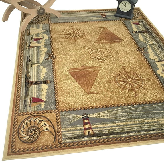 Lodge, Cabin Nature and Animals Area Rug - Modern Geometric Design Cabin Area Rug - Abstract, Multicolor Design- Lighthouse/Fishing boat/Ocean