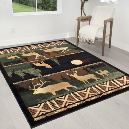 Lodge, Cabin Nature and Animals Area Rug - Nature Pattern Cabin Area Rug - Abstract, Black/Beige/Green/Red-Wolf/Moon/Deer
