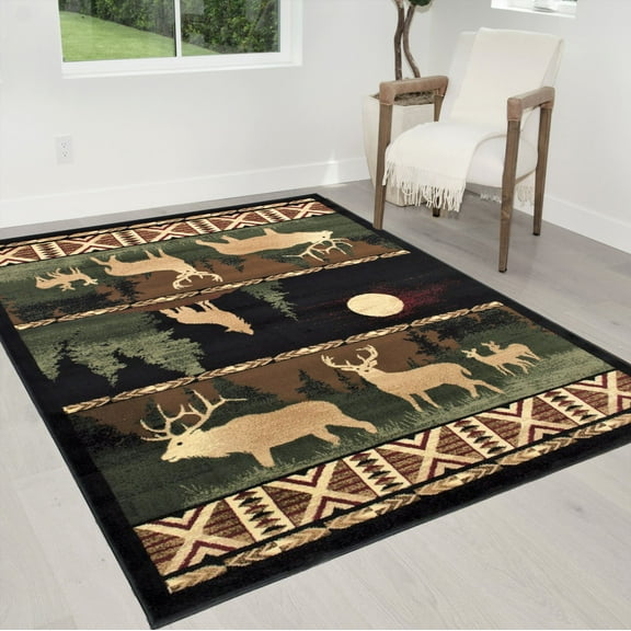 Lodge, Cabin Nature and Animals Area Rug - Nature Pattern Cabin Area Rug - Abstract, Black/Beige/Green/Red-Wolf/Moon/Deer