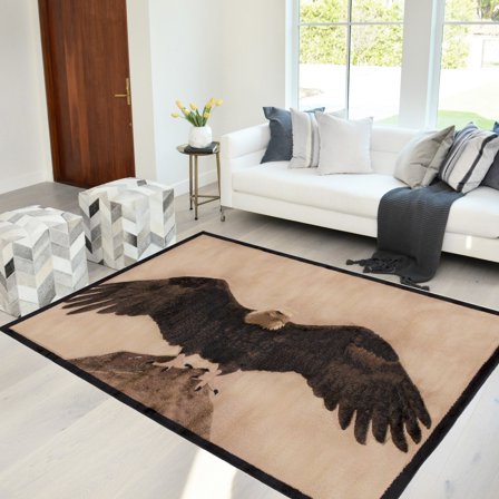 Lodge, Cabin Nature and Animals Area Rug - Nature Pattern Cabin Area Rug - Abstract, Chocolate/Beige-Eagle on Mountain Top