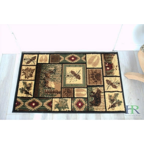 Lodge, Cabin Nature and Animals Area Rug - Southwestern Pattern Cabin Area Rug - Abstract, Chocolate Brown/Beige/Green/Red-Beer/Lodge/Deer/Nature