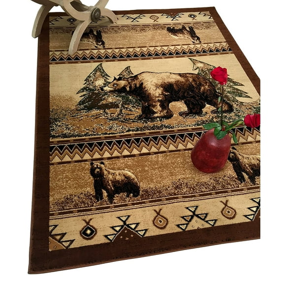 Lodge, Cabin Nature and Animals Area Rug - Stripped Design Cabin Area Rug - Abstract Bear/Trees/Southwestern Pattern