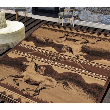 Lodge, Cabin Nature and Animals Area Rug - Stripped Pattern Cabin Area Rug - Abstract, Chocolate/Beige-Horse/Mountain