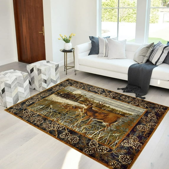 Lodge, Cabin Nature and Animals Area Rug Vintage Design Cabin Area Rug Abstract, Multicolor Deer dcor Rugs 38 x 5