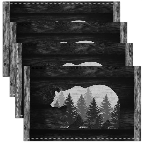 Lodge Cabin Placemats Set of 4 Gray Bear Pine Tree Silhouette Pattern Kitchen Mats for Dining Table Wild Animal Western Jungle Style Place Mats for Kids Teens Adults 12x18 Inch