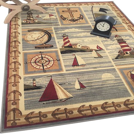 Lodge, Cabin Sailing Accent Area Rug - Modern Geometric Design Cabin Area Rug - Abstract, Beige/Multicolor Design- Lighthouse/Anker/Sailing Boats/Compass