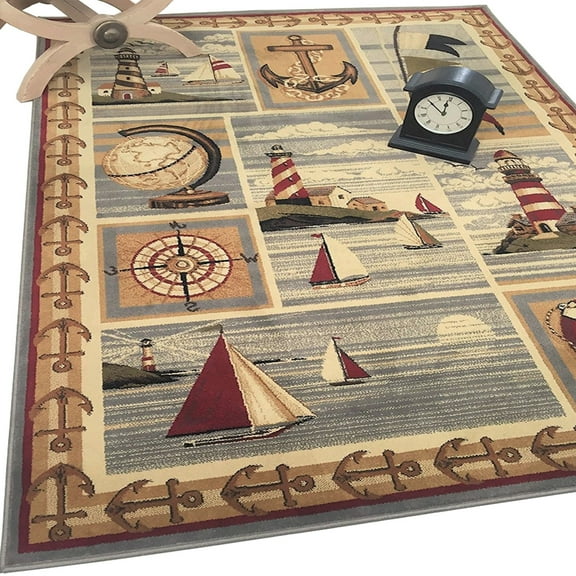 Lodge, Cabin Sailing Accent Area Rug - Modern Geometric Design Cabin Area Rug - Abstract, Beige/Multicolor Design- Lighthouse/Anker/Sailing Boats/Compass