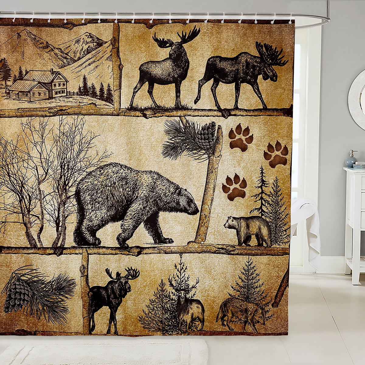 Deer Forest Shower Curtain – Rustic Moose Elk Tree Design, Waterproof Polyester, 70x70 Inches With Hooks – Lodge, Cabin, Farmhouse Bathroom Decor