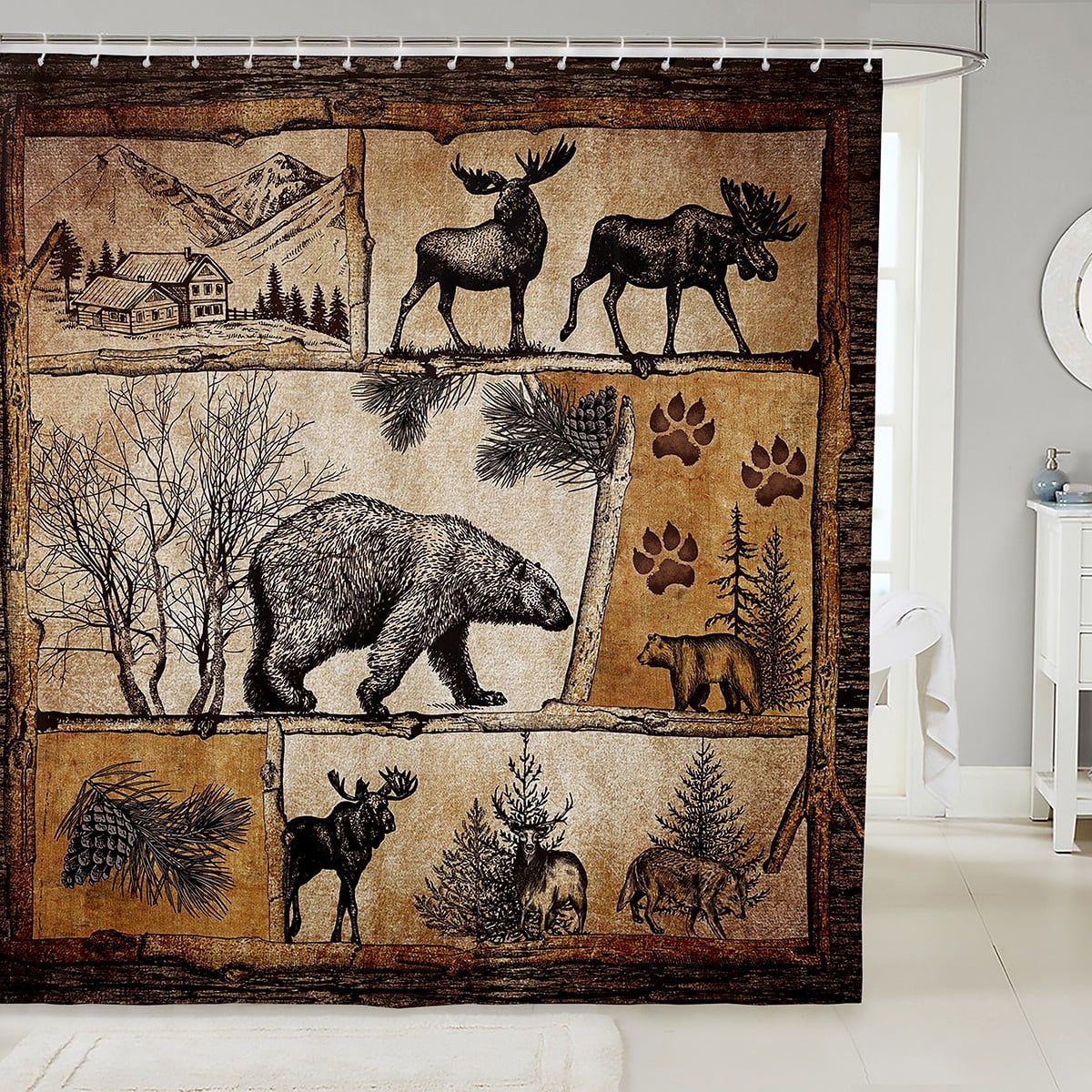 Lodge Cabin Shower Curtain Woodland Animals Farmhouse Bath Curtain,Bear ...