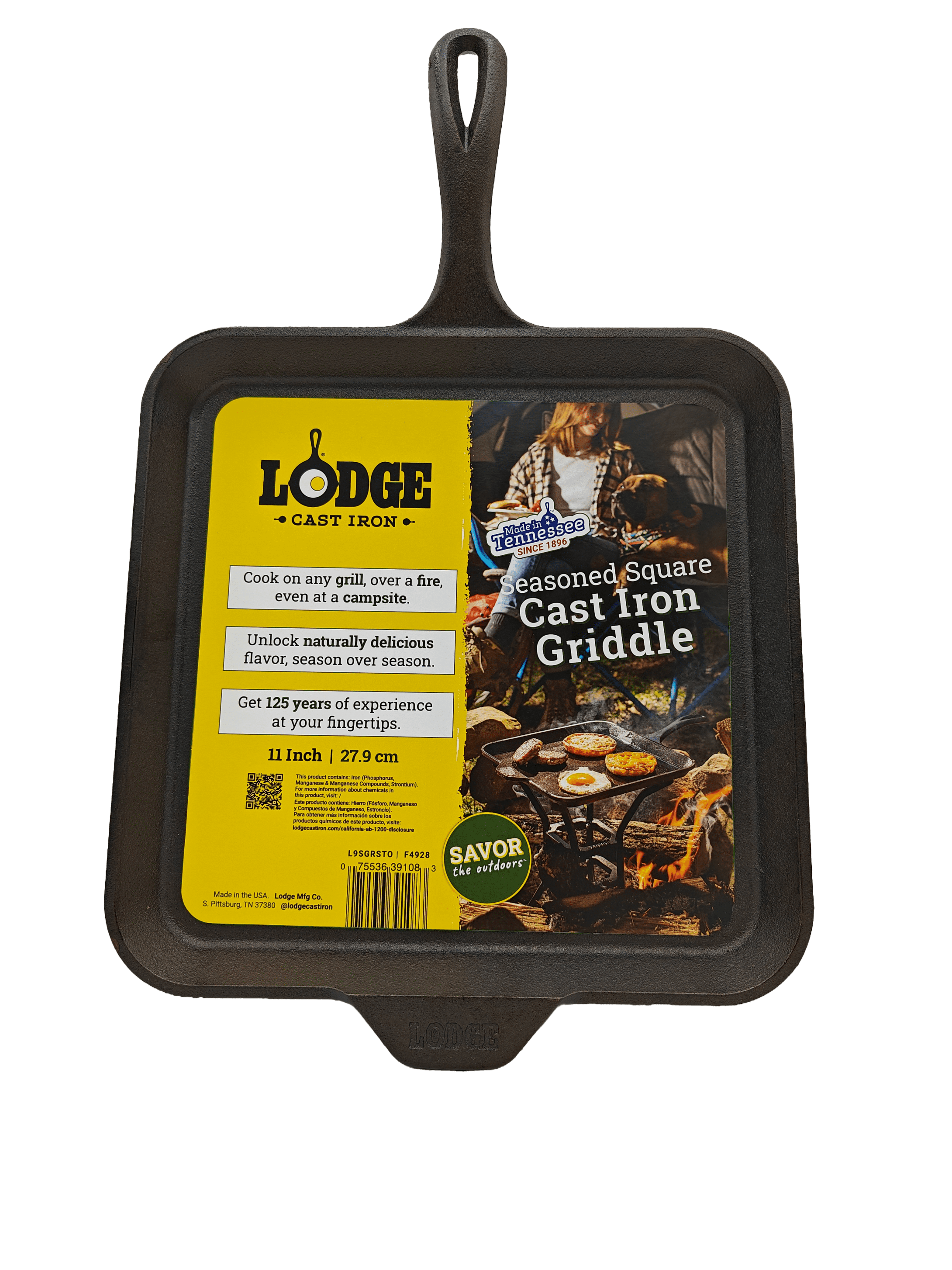 Lodge Cast Iron 11" Savor the Outdoors, Seasoned Square Griddle, Black