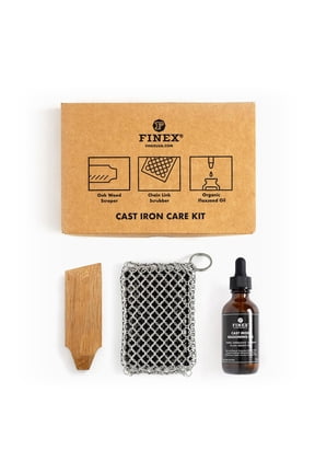 Cast Iron Care Kit - Cast Iron Cleaner - Maintain Cast Iron Cookware - Restores Vintage Pieces - With Organic Flaxseed Oil, Oak Wood Scraper & Cast Iron Chainmail Scrubber