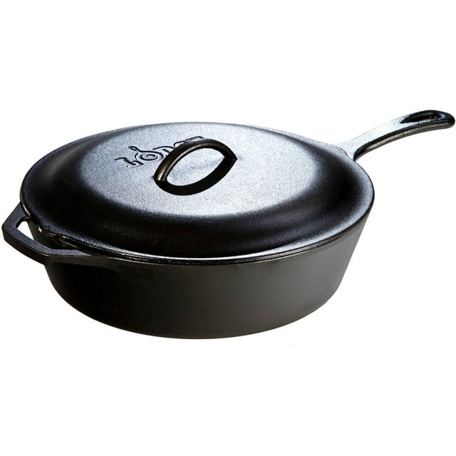 Lodge Cast Iron Pre-Seasoned Deep Skillet with Iron Cover and Assist Handle, 5 Quart, Black