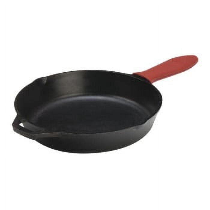 12-Inch Cast Iron Skillet with Red Silicone Handle Holder