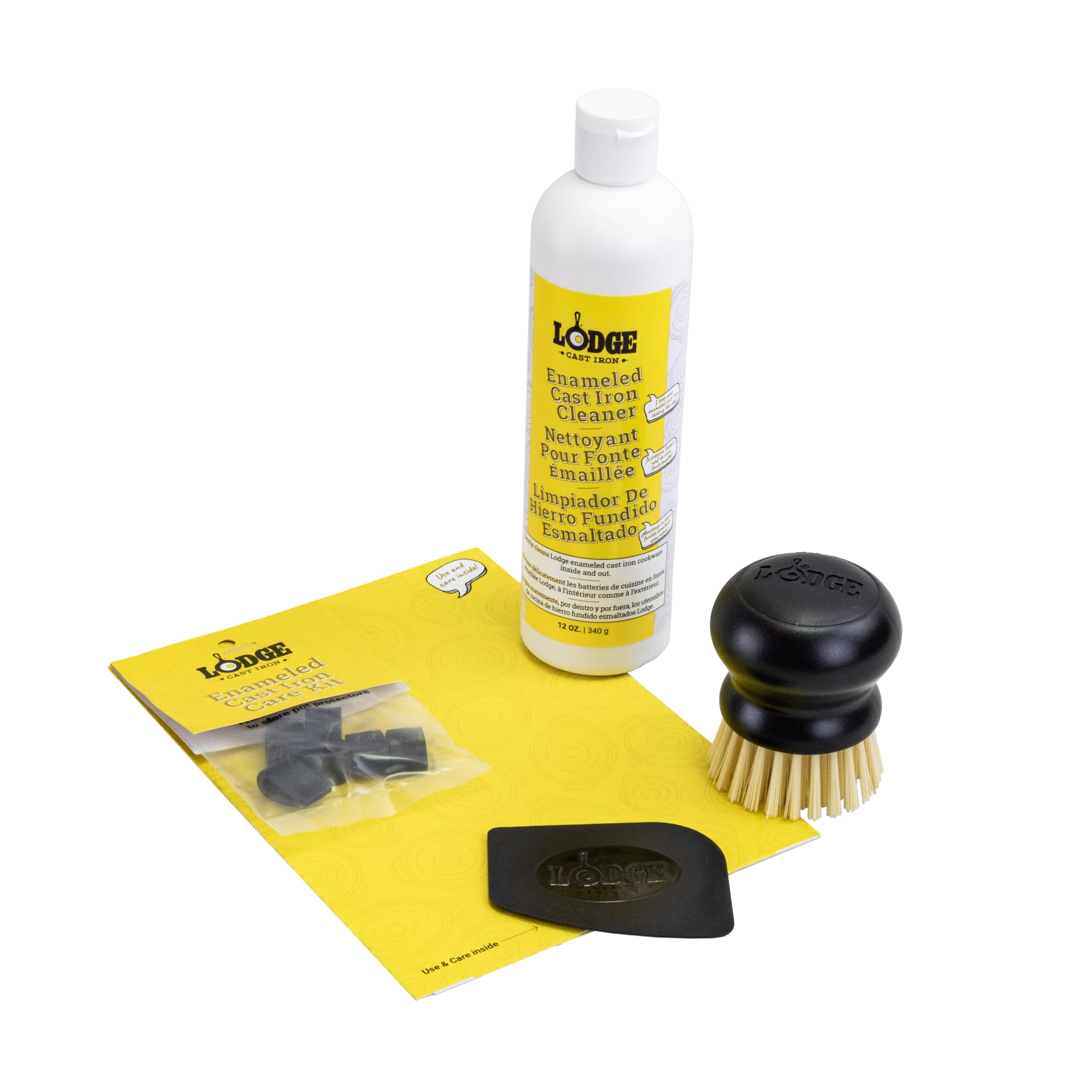 Lodge Enameled Cast Iron & Stoneware Care Kit - Cleaner, Scraper, Brush & Pot Protectors Set