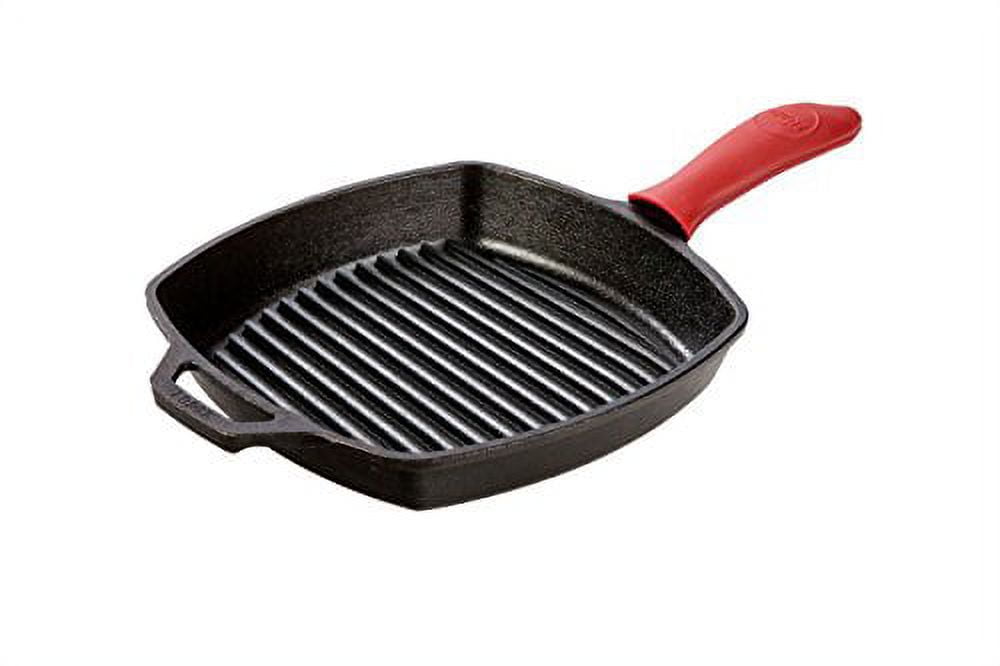 Lodge L8SGP3ASHH41B Cast Iron Square Grill Pan with Red Silicone