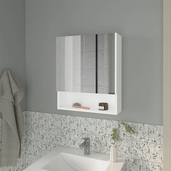 Lodge Medicine Cabinet With Mirrored Doors And Open Storage, White - Modern Bathroom Wall Mounted Vanity Scratch- Particle Board In Storage Adjustable Shelf