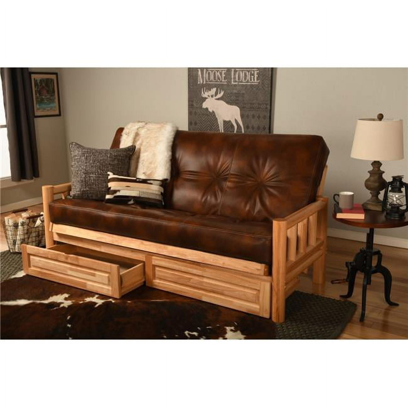 Lodge Natural Futon Frame with Oregon Trail Saddle Mattress & Storage