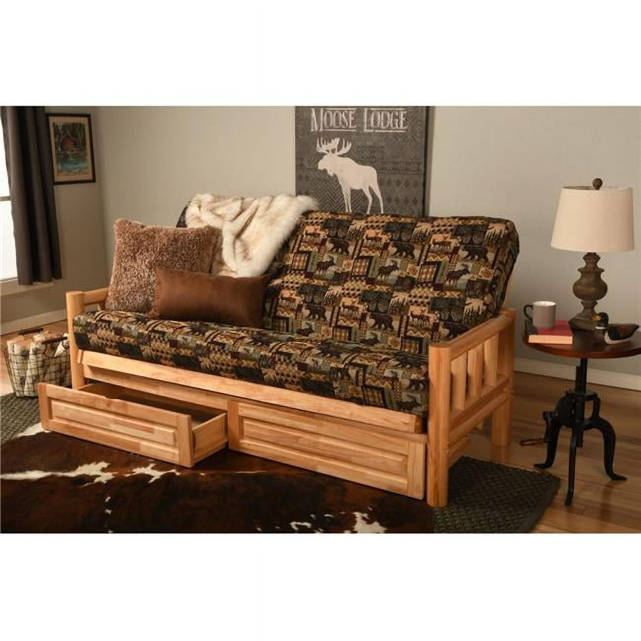 Lodge Natural Futon Frame with Peters Cabin Mattress & Storage Drawers