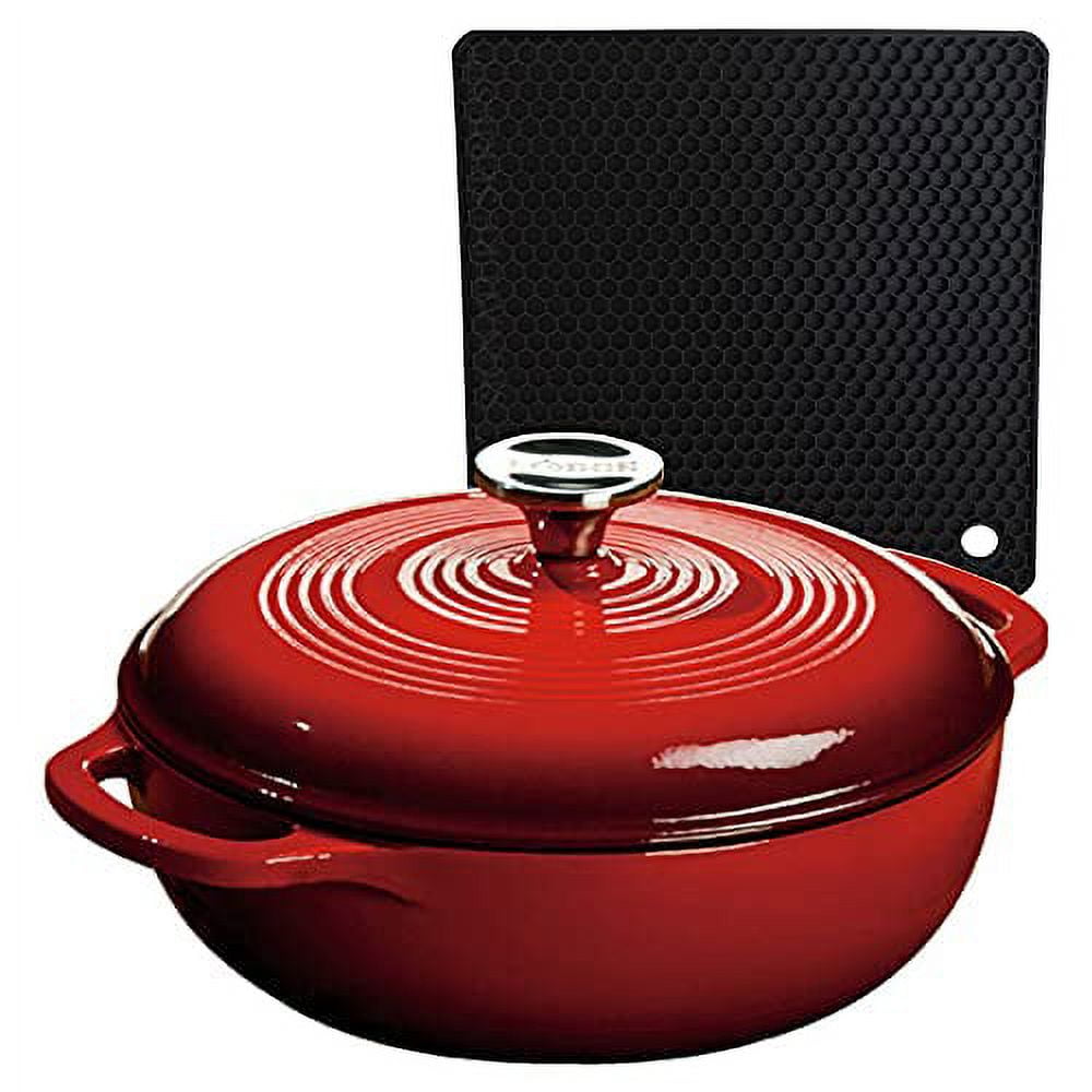 Lodge Red Enameled Dual Handles Cast Iron 6qt Dutch Oven with Lid and  Signature Series Heat Resistant Silicon Pot Holder Trivet Mat 