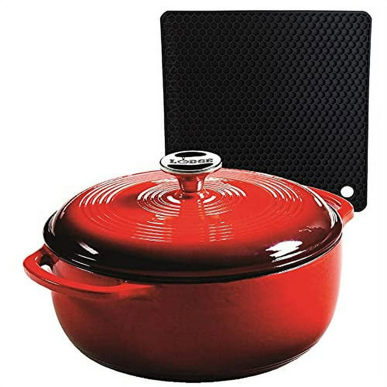 Lodge Red Enameled Dual Handles Cast Iron 6qt Dutch Oven with Lid and  Signature Series Heat Resistant Silicon Pot Holder Trivet Mat 