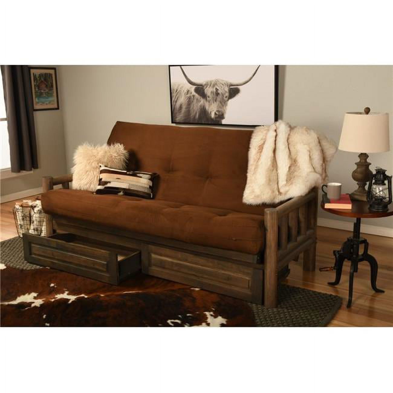Lodge Rustic Walnut Futon Frame with Suede Chocolate Mattress & Storage