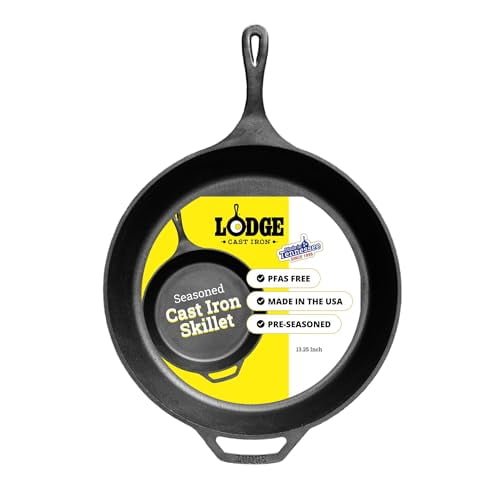 Lodge Seasoned Cast Iron Skillet - PFAS-Free, Non-Toxic Cookware - Use with an Oven, Stove, Grill, or Campfire - Naturally Non-Stick & Oven Safe - 13.25 Inches