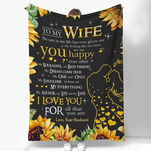 Lodge Style Sunflower Soft Fleece Throw Blanket, Character Theme with Love Lettering, All Seasons Knitted Polyester Cover with Special Embellishment Features for Wife from Husband