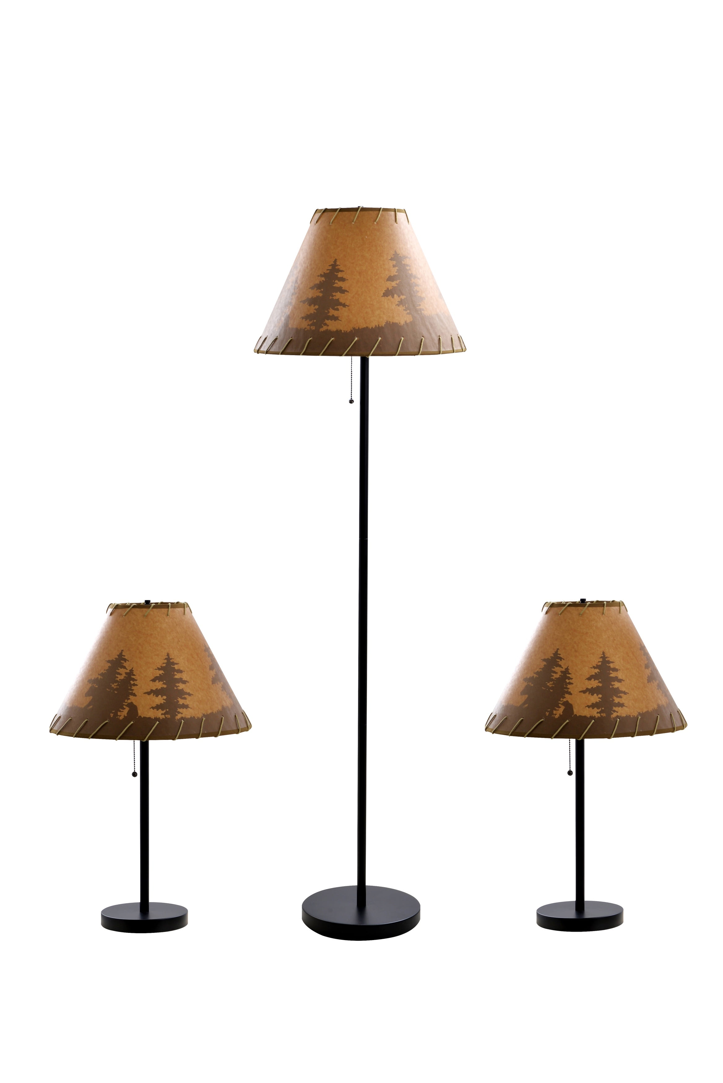Catalina Lighting Lodge Table & Floor Lamp Set - Moose Print Oil Paper Shades, Rope Trim, Brown