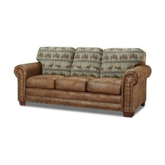 Lodge Tapestry Sofa, Deer Teal Tapestry & Brown Pinto Microfiber