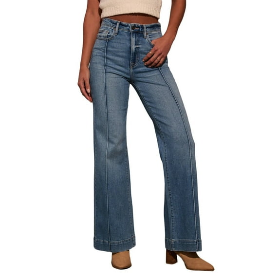 Lodgix 2025 Women High Waist Front Seamed High Rise Wide-Leg Jeans Straight Leg Loose Washed Long Jeans Pants Trousers Royal Blue L