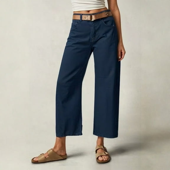 Lodgix 2025 Women Mid Waist Crop Straight Leg Jeans Solid Stitch Detail Casual Fashion Trendy Denim Pants Without Belt Navy M