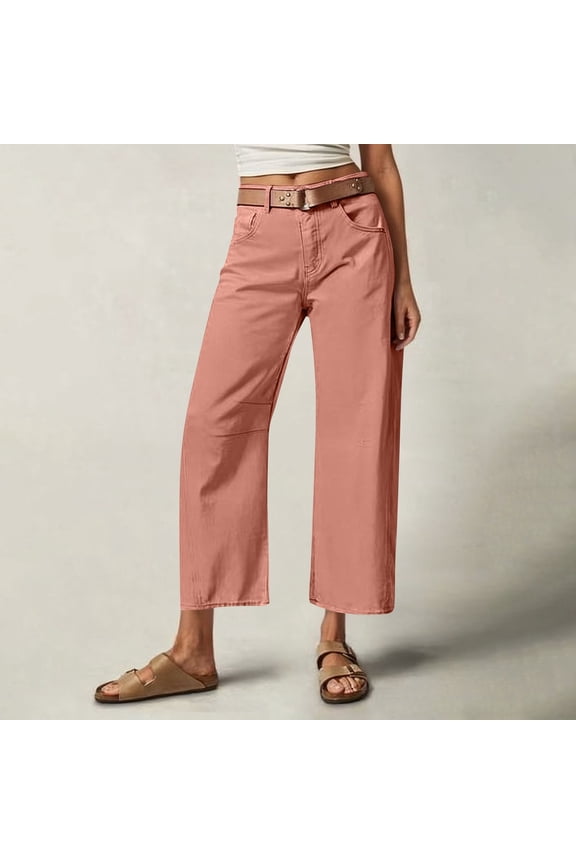 2025 Women Mid Waist Crop Straight Leg Jeans Solid Stitch Detail Casual Fashion Trendy Denim Pants Without Belt Pink M