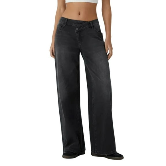 Lodgix 2025 Womens Mid Waist Boyfriend Jeans Summer Casual Lounge Loose Straight Wide Leg Y2K Pants with Pockets Black XL