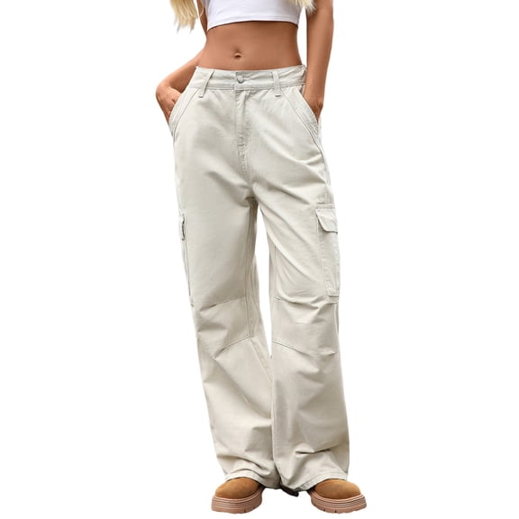 Lodgix 2025Women Y2k High Waisted Straight Leg Relaxed Fit Cargo Pants with 6 Pockets Streetwear Concert Dance Outfit Khaki L