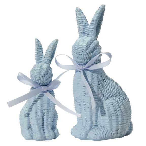 Lodgix 2026 New Rattan Easter Bunny Figurines Set of 2 (Large & Small), Blue Resin Easter Decorations, Spring Farmhouse Home Centerpiece Statue, Indoor Rattan Bunny Gift