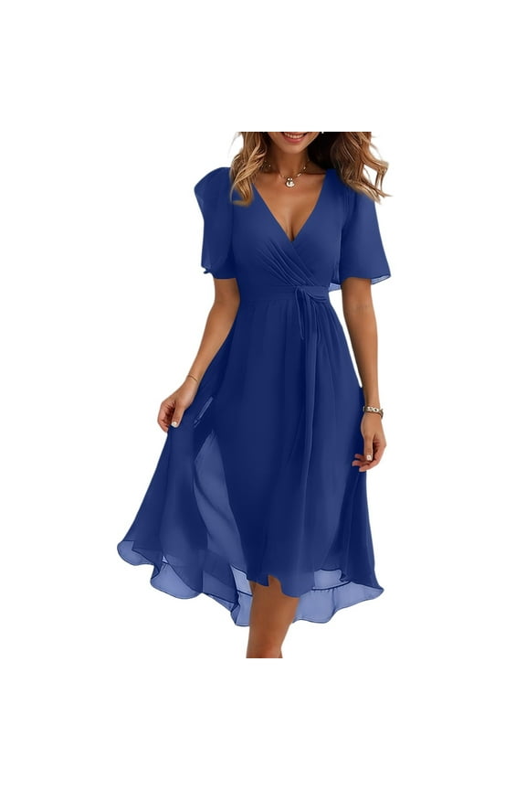 Boho Dress Resort Wear for Women 2025 Beach Dresses Wedding Guest Chiffon Garden Party Bridesmaid Dresses for Women Blue-2XL