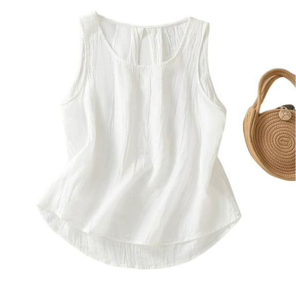 Lodgix Dressy Tank Tops for Women Cotton Linen Gauze Shirts Sleeveless Summer Tunic Top Loose Fit Lightweight Casual Blouses White-L