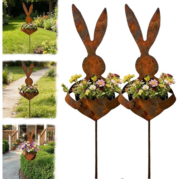 Lodgix Easter Vintage Metal Rabbit Shaped Planter Garden Stake, Rustic Patina Finish Bunny Decor for Outdoor Garden Yard, Rusty Metal Rabbit Gardens Stake Spring Decorations Patio Lawn (2Pcs)