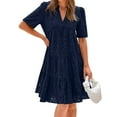 thumbnail image 1 of Lodgix Eyelet Dresses for Women 2025 Loose V Neck Short Sleeve Ruffled Knee Length Dress Boho Summer Beach Short Dresses Navy-L, 1 of 9