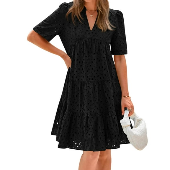Lodgix Eyelet Summer Dresses for Women Mini Casual Hollow Out Short Sleeve Lace Tiered V Neck Shift Dress with Pockets Black-L