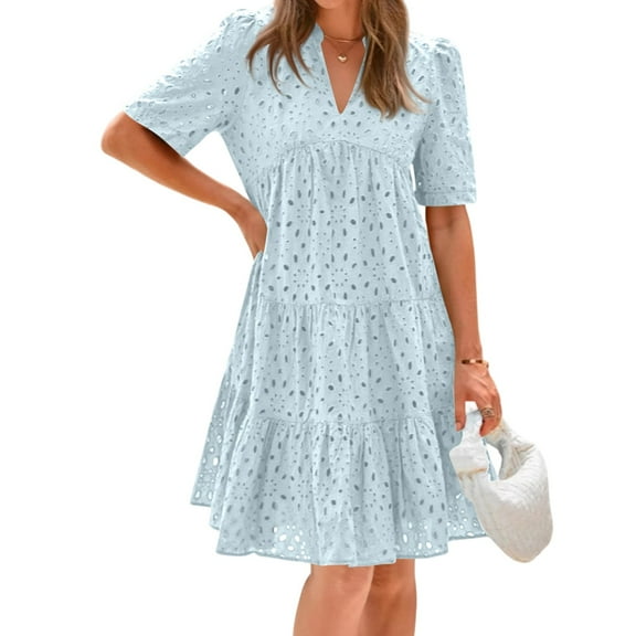 Lodgix Eyelet Summer Dresses for Women Mini Casual Hollow Out Short Sleeve Lace Tiered V Neck Shift Dress with Pockets Light Blue-L