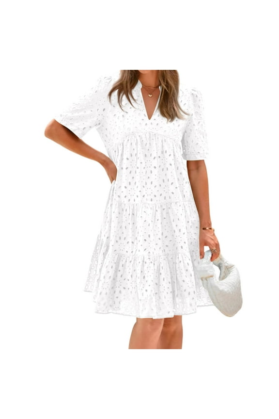 Eyelet Summer Dresses for Women Mini Casual Hollow Out Short Sleeve Lace Tiered V Neck Shift Dress with Pockets White-2XL
