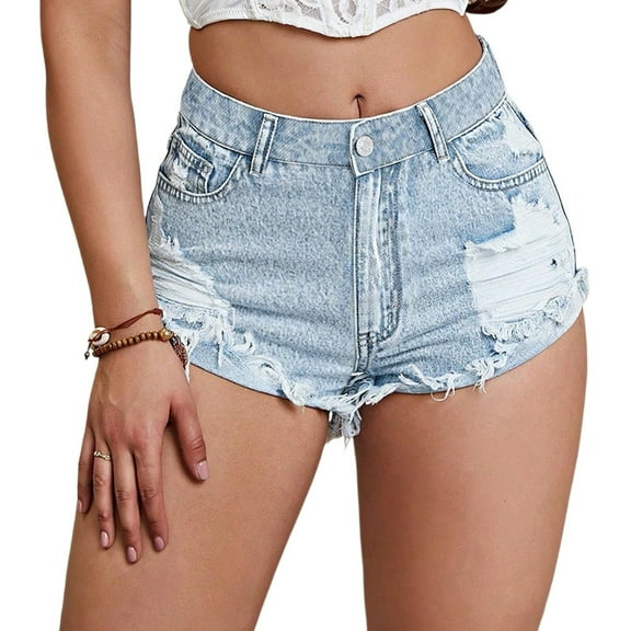 Lodgix Girl's Distressed Raw Hem Elastic Waist Jean Shorts Straight Leg Denim Shorts Light Blue-XS