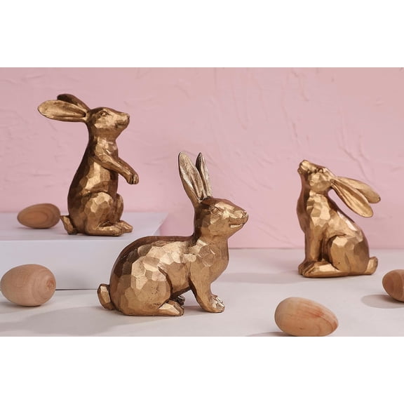 Lodgix Gold Easter Decor Rabbit Statues, Set of 3 Modern Geometric Resin Bunny Figurines - Beautiful Spring Decorations for Home & Table Centerpiece, Gold Decor for Office, Mantel, Shelf, Gift