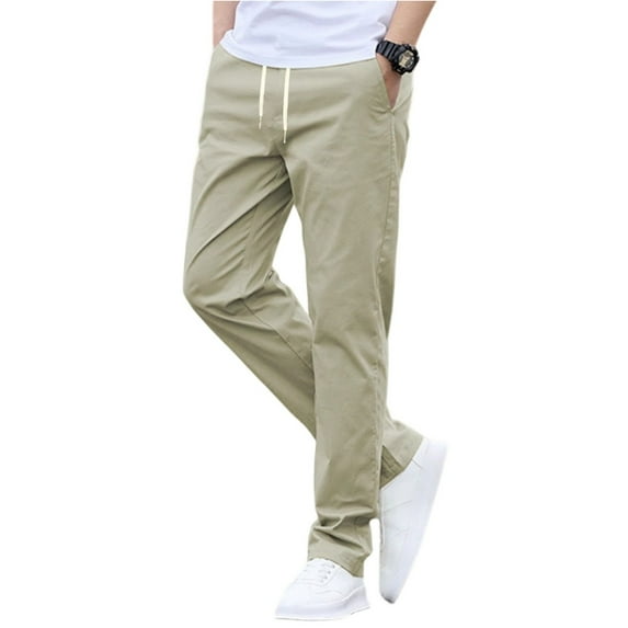 Lodgix Mens Cotton Pants Casual Elastic Waist Drawstring Lightweight Summer Beach Trousers with Pockets Beige-L