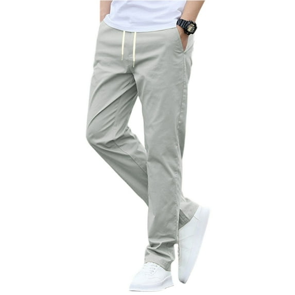 Lodgix Mens Cotton Pants Casual Elastic Waist Drawstring Lightweight Summer Beach Trousers with Pockets Light Gray-L