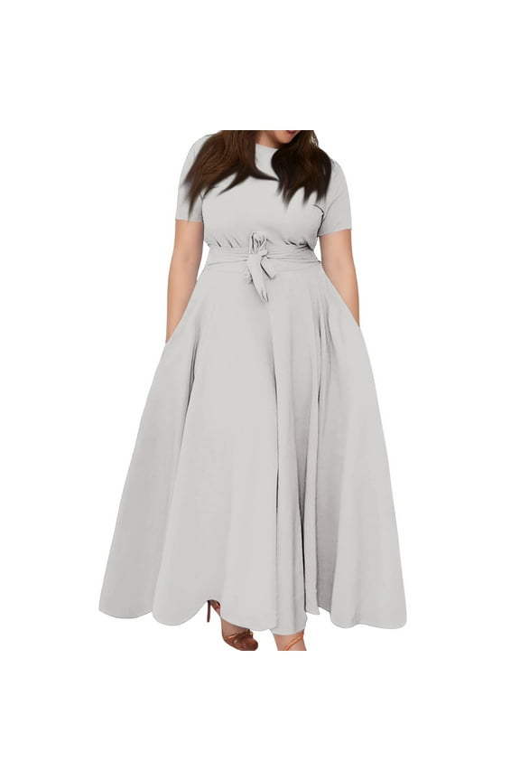 Plus Size Summer Casual Dress A Line Dresses for Women Long Dresses with Sleeve Casual Belted Light Gray 2XL