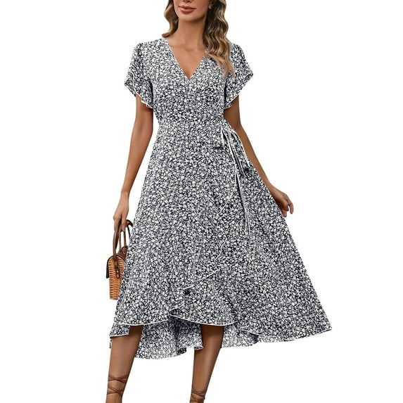 Lodgix Plus Size Womens Floral Summer Dress Casual Wrap V Neck Short Sleeve Belted Beach Bohemian Maxi Dress Navy XL