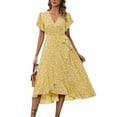 thumbnail image 1 of Lodgix Plus Size Womens Floral Summer Dress Casual Wrap V Neck Short Sleeve Belted Beach Bohemian Maxi Dress Yellow M, 1 of 8