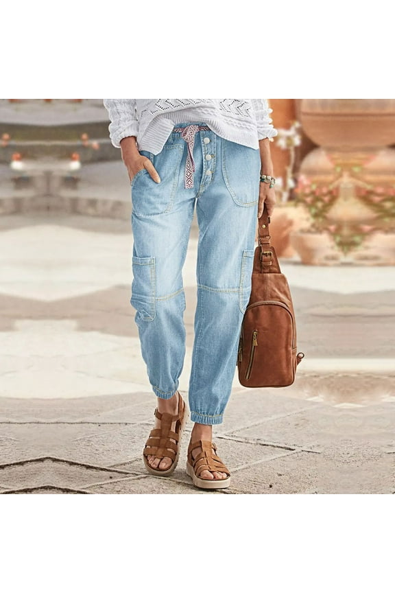 Straight Leg Button Fly Jeans For Women Multi Pocket Mid Jeans Without Belt Denim Pants Blue XL